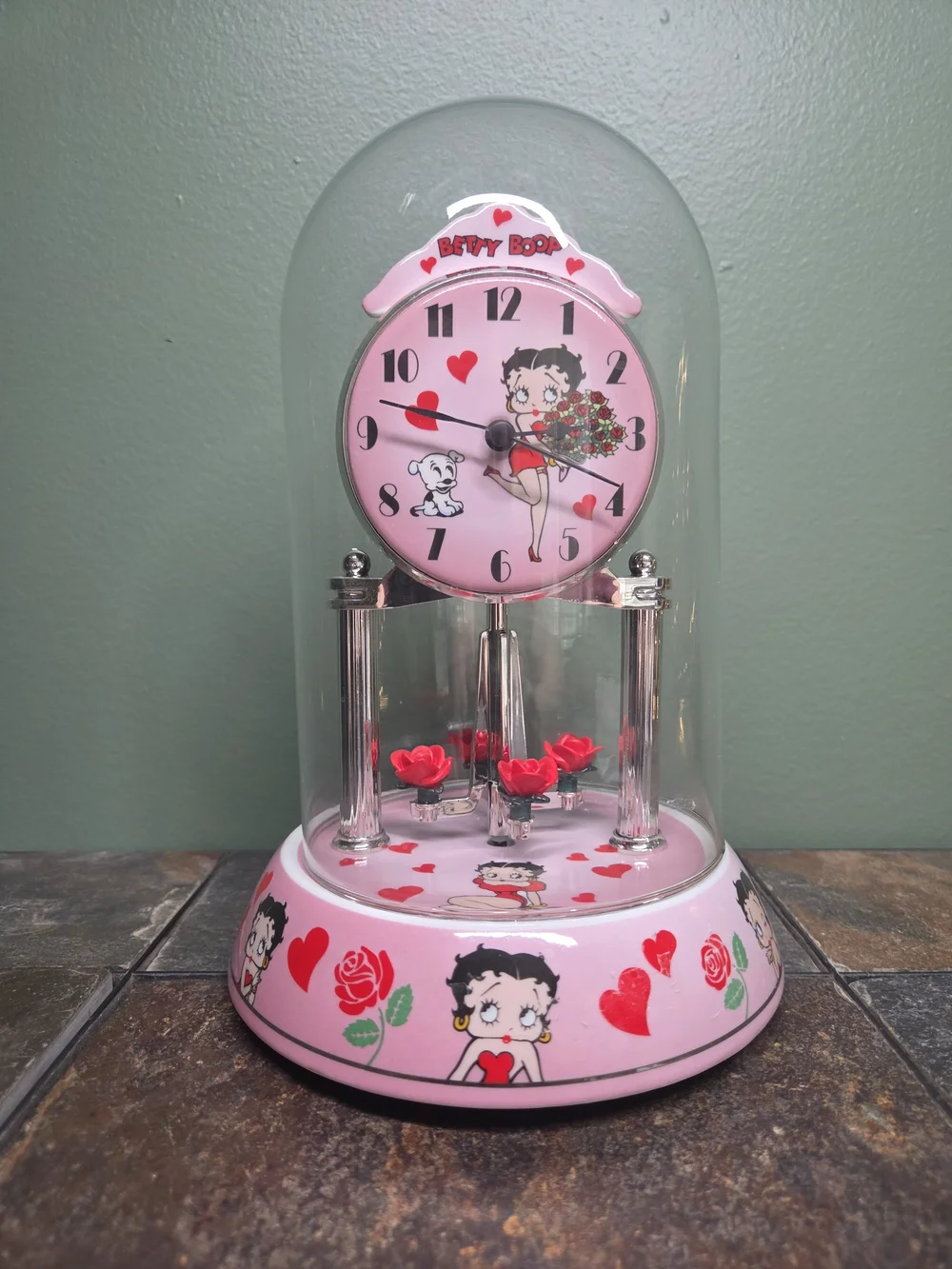 Betty Boop Pink Dome Anniversary Clock with Floral Pendulum